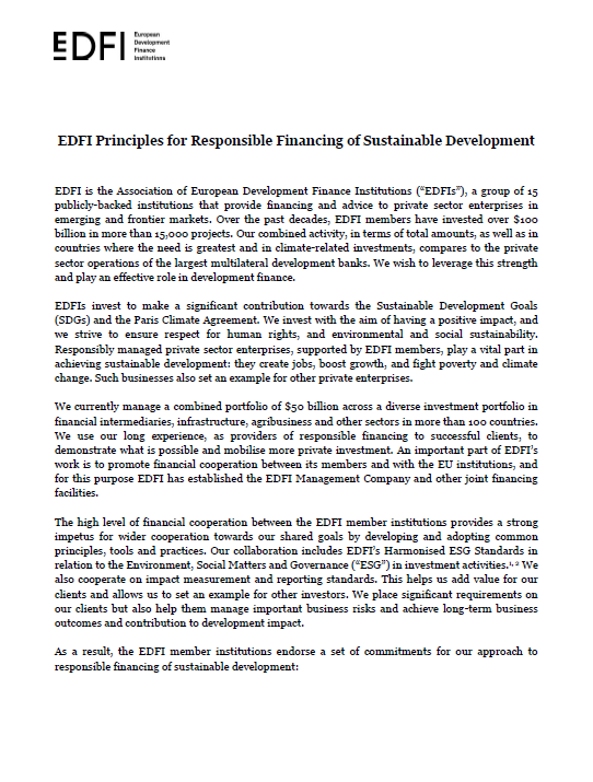 EDFI Principles for Responsible Financing of Sustainable Development