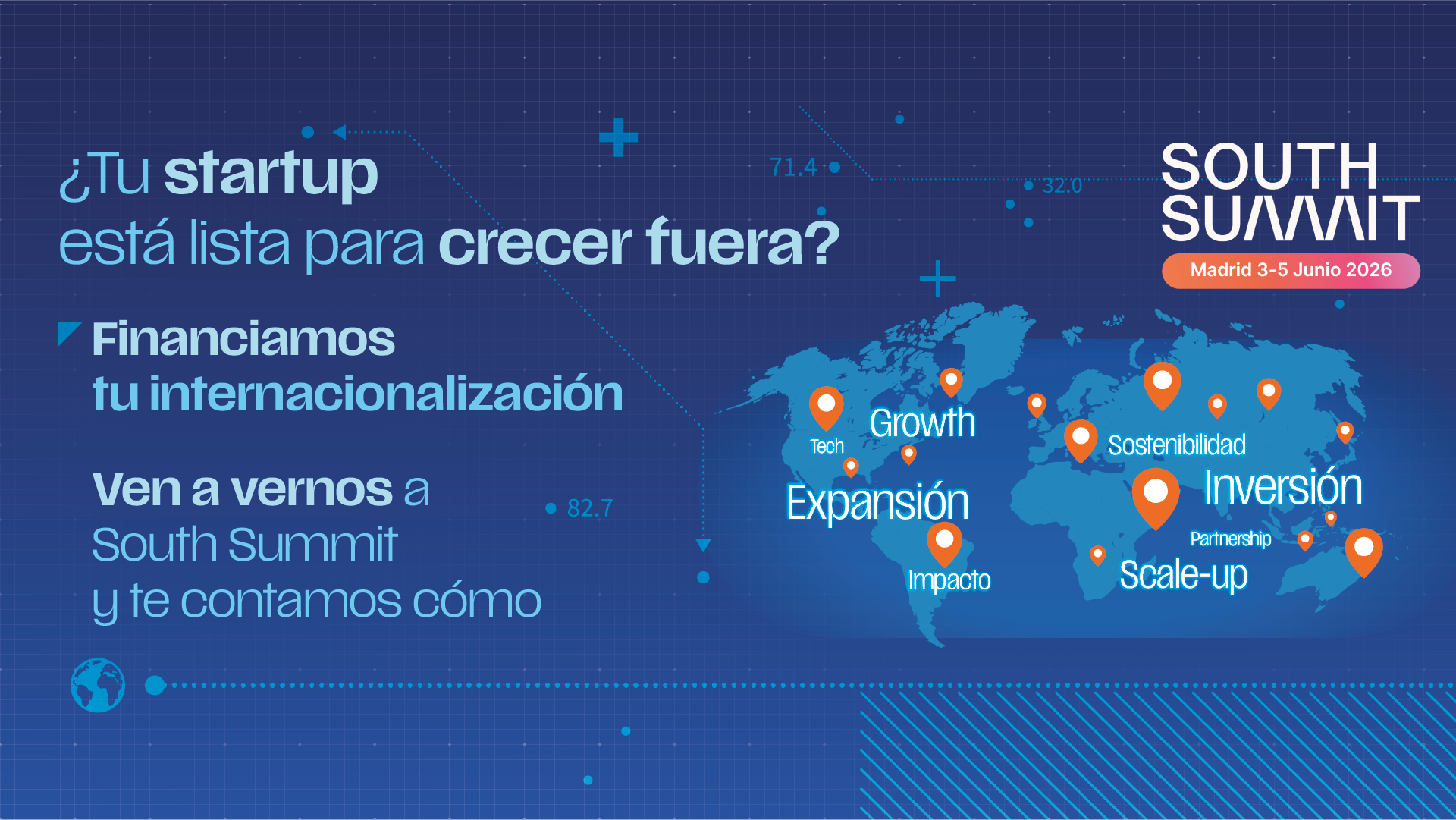 Mapamundi con palabras alusivas a startups, crecimiento empresarial e internacionalización.