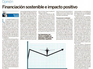 Imagen del artículo de José Luis Curbelo, presidente de COFIDES, titulado 'Financiación sostenible e impacto positivo'