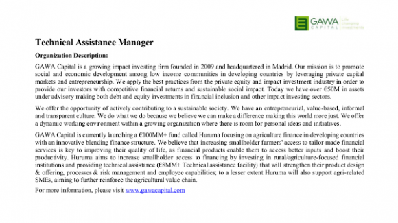 Imagen de la portada de la oferta de empleo de 'Technical Assistance Manager' para administrar la Facilidad de Asistencia Técnica asociada al Fondo Huruma