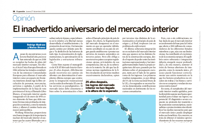 Imagen del artículo 'El inadvertido aniversario del mercado interior' de Rodrigo Madrazo y Marisa Álvarez