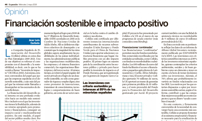 Imagen del artículo de José Luis Curbelo, presidente de COFIDES, 'Financiación sostenible e impacto positivo'