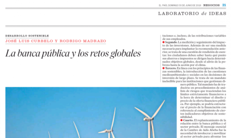 Imagen del artículo de José Luis Curbelo y Rodrigo Madrazo, presidente y director general de COFIDES, respectivamente, titulado 'La banca pública y los retos globales'