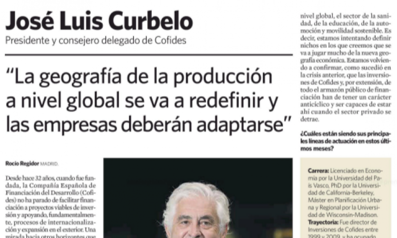 Captura de la entrevista a José Luis Curbelo en El Economista titulada: "La geografía de la producción a nivel global se va a redefinir y las empresas deberán adaptarse"