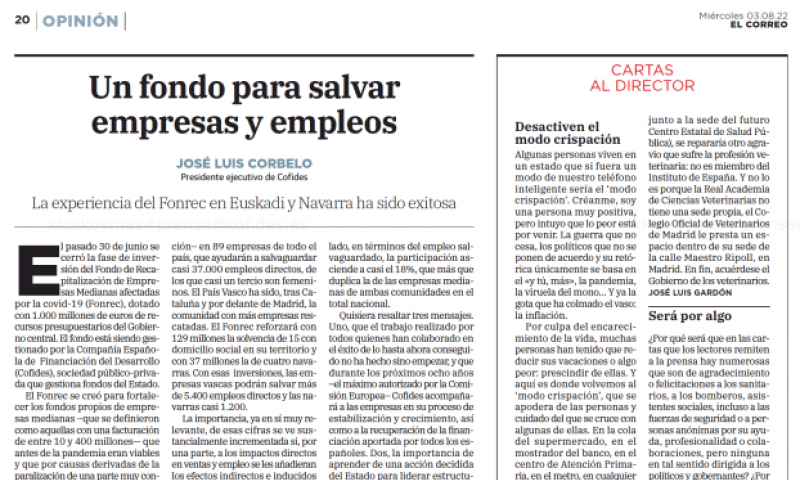 Imagen del artículo 'Un fondo para salvar empresas y empleos' de José Luis Curbelo publicado en El Correo