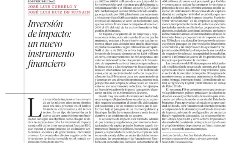 Artículo "Inversión de impacto: un nuevo instrumento financiero" publicado en El País Negocios